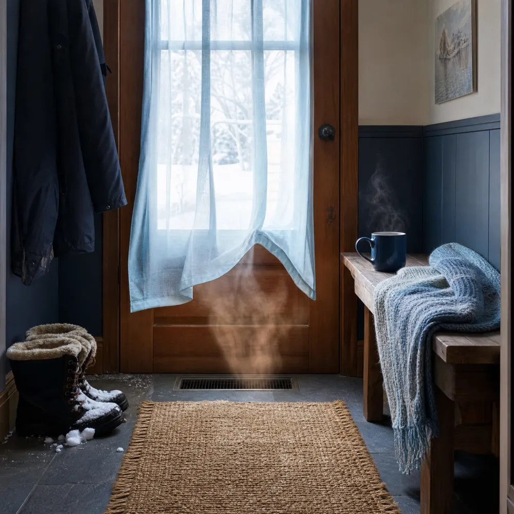 An entryway with a wooden door and sheer curtain over its window, a floor vent emitting visible steam, snow-covered boots and a hanging coat at left, and a wooden bench with a dark blue mug and knit throw at right over a jute rug on stone flooring.