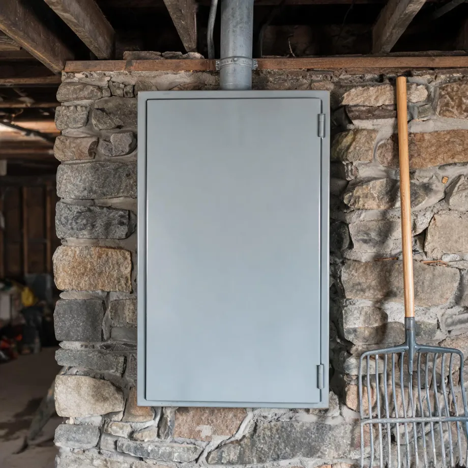 A gray metal electrical panel box mounted on a stone basement wall, with a metal conduit running up to wooden ceiling joists and a pitchfork leaning against the wall at right.