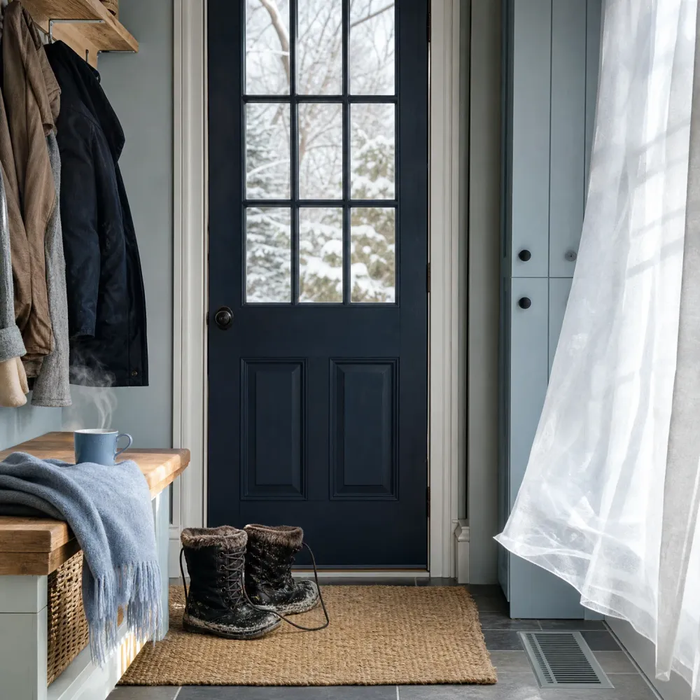 A mudroom entry with a dark navy glass-paned door showing snowy trees outside, fur-trimmed boots on a jute mat, a wooden bench with a blue blanket and mug, hanging coats, pale blue cabinets, a sheer curtain, and a floor vent.