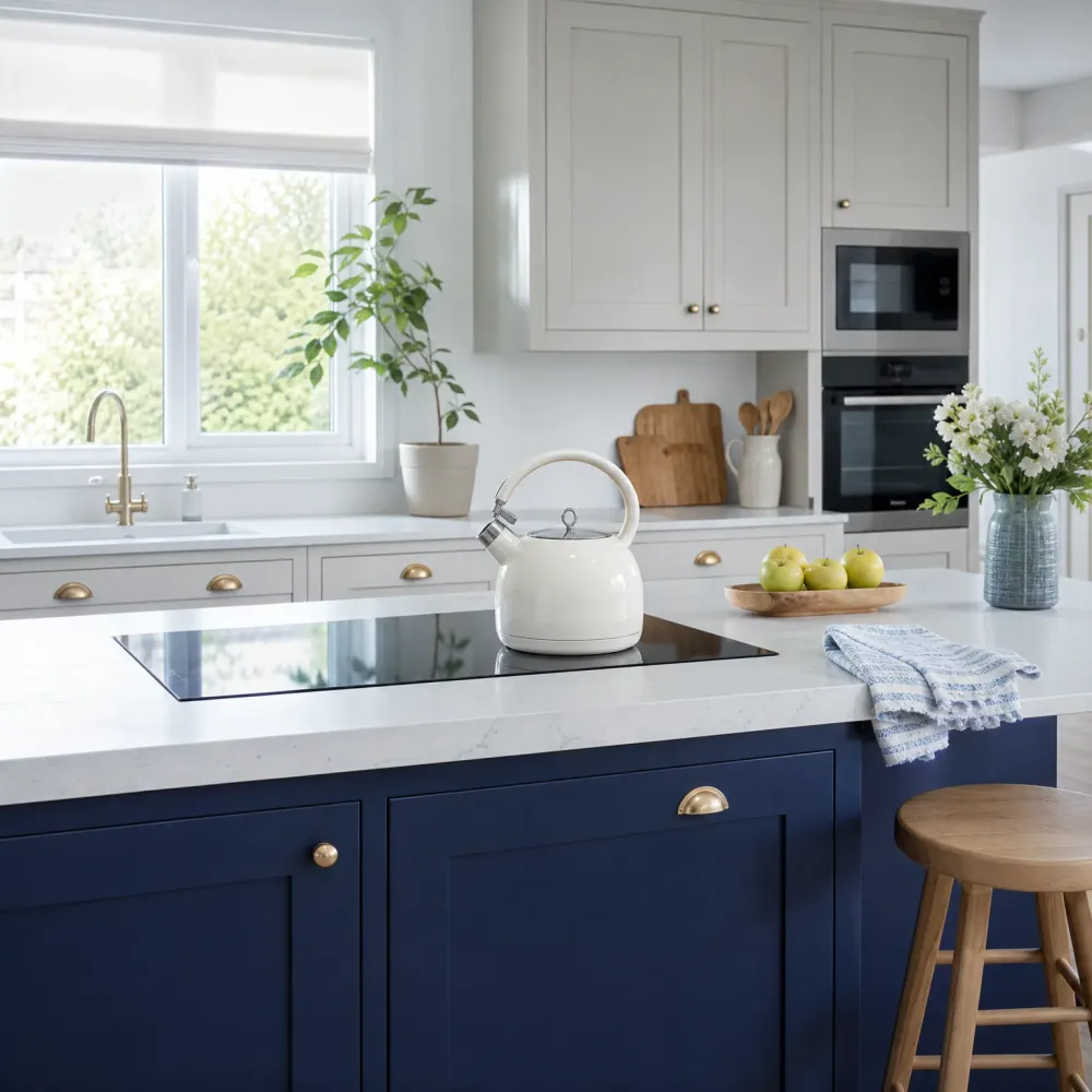 A kitchen with a navy blue island topped by a white stone counter holding a black induction cooktop, a white kettle, green apples on a wooden tray and a blue striped towel, with pale grey cabinets, a window, a potted plant and a wooden stool nearby.