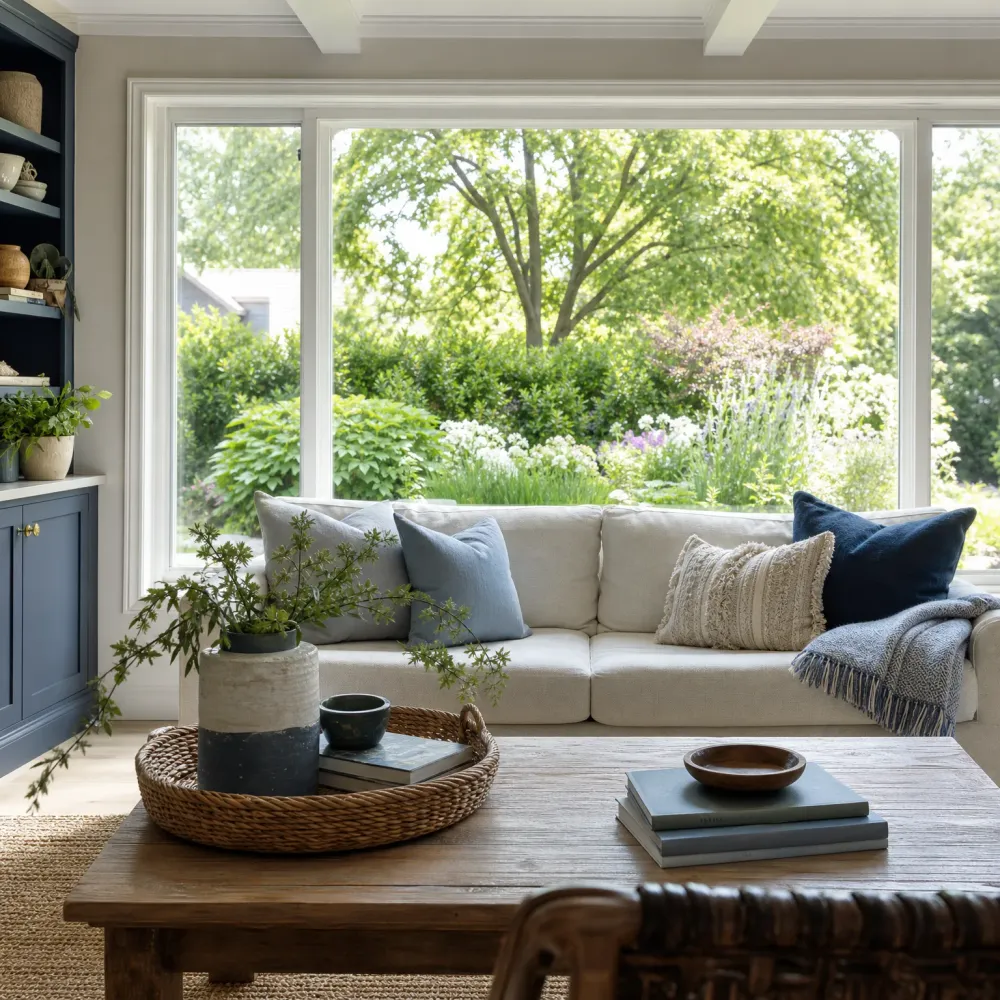 A living room with a cream sofa and blue, white, and textured cushions beneath a large window overlooking a green garden, with a rustic wooden coffee table holding a woven tray, ceramic vase with foliage, stacked books and a wooden bowl, and a dark blue built-in shelving unit at left.
