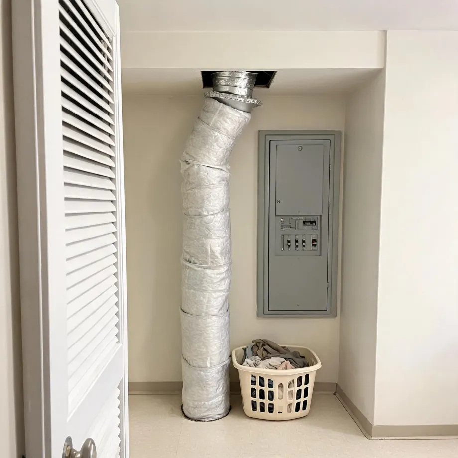 An interior closet alcove where a white insulated flexible duct runs from a metal ceiling collar down to the floor, beside a gray electrical breaker panel and a plastic laundry basket of clothes, with a white louvered door at left.