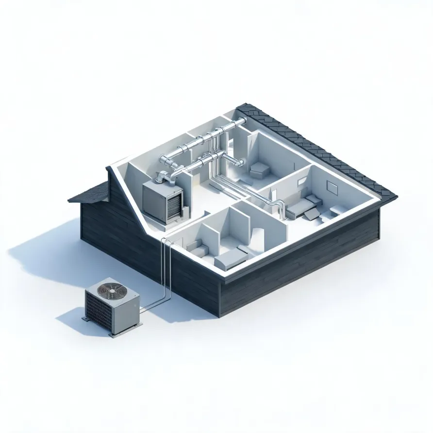 Isometric 3D cutaway render of a house with dark siding showing interior rooms, ductwork and an air handler, connected by lines to an outdoor condenser unit on a white background.