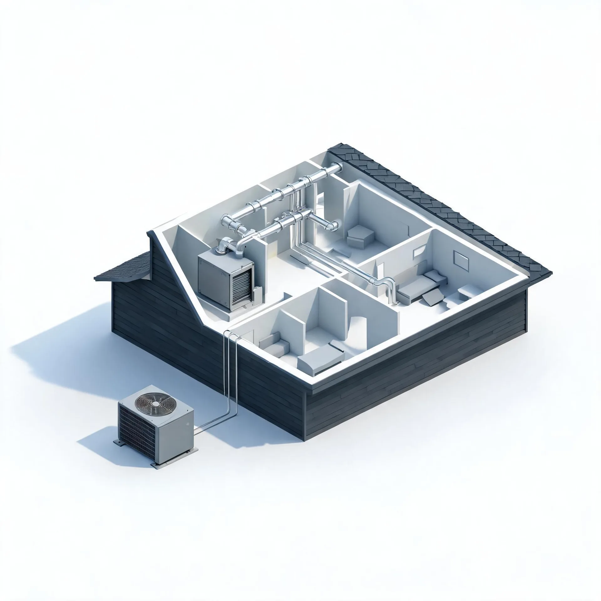 Isometric 3D cutaway render of a house with dark siding showing interior rooms, ductwork and an air handler, connected by lines to an outdoor condenser unit on a white background.