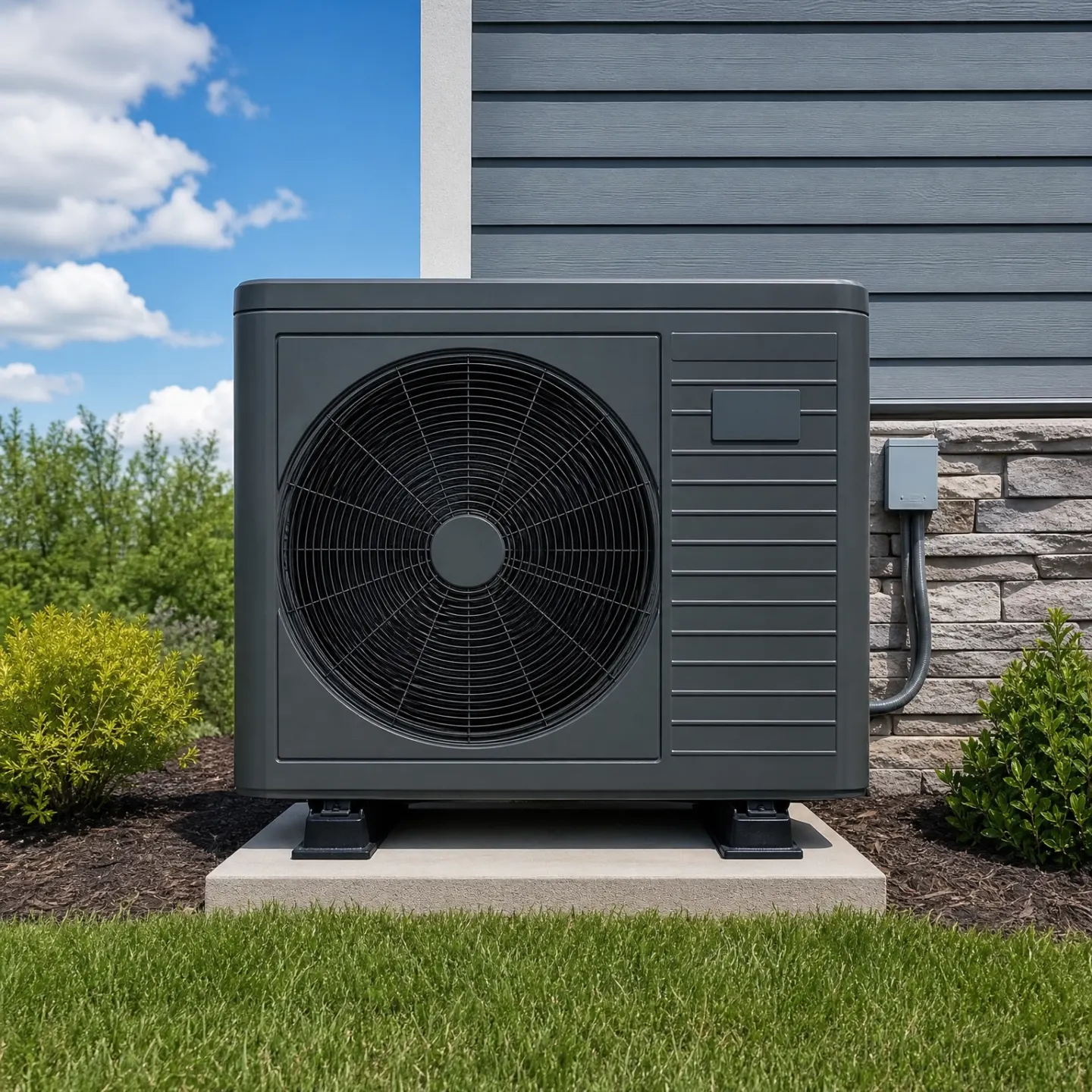 A dark gray heat pump unit mounted on a concrete pad next to a house with gray siding and a stone veneer wall.