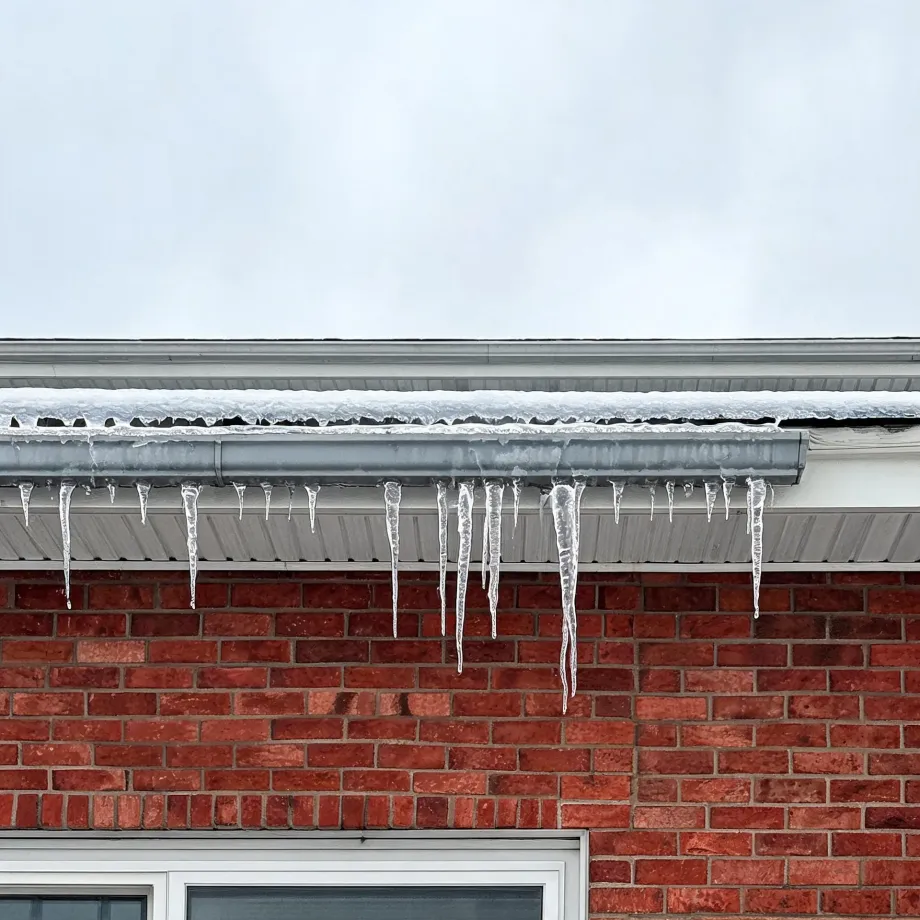 Icicles hang from a snow-covered gutter along the eave of a red brick house, with a white soffit and the top of a window below against an overcast sky.