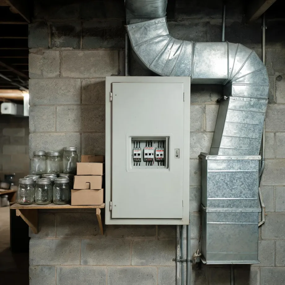 A white electrical panel with visible breakers mounted on a concrete block basement wall, beside galvanized sheet-metal ductwork, with a wooden shelf holding glass jars and cardboard boxes to the left.