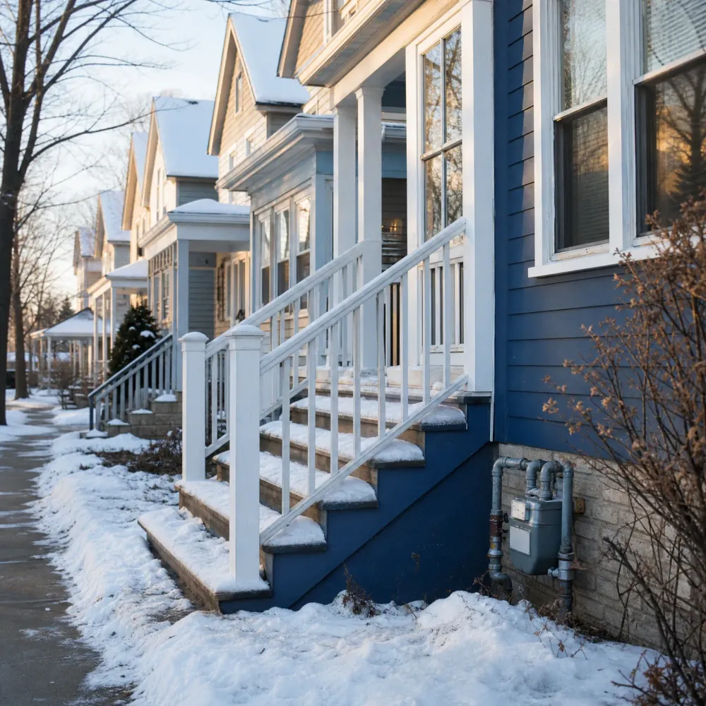 A dark blue clapboard house with white porch steps and railings beside a snow-covered sidewalk, with similar houses receding along the street and a gas meter with pipes on the foundation wall.