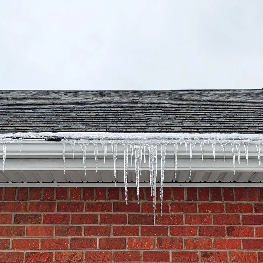 Icicles hang from a white gutter and fascia below an asphalt shingle roof above a red brick wall, under an overcast white sky.