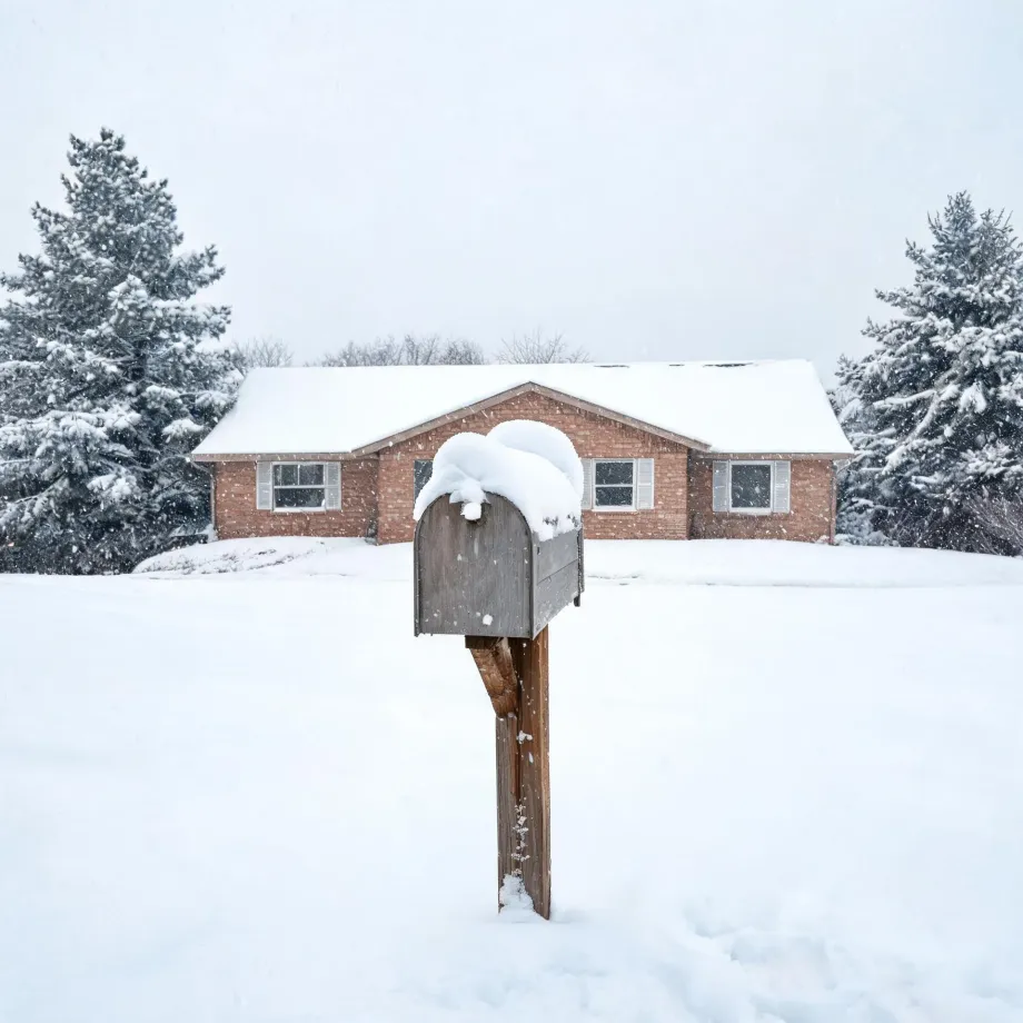 A snow-covered mailbox on a weathered wooden post stands in deep snow in front of a single-story brick house with a snowy roof, flanked by snow-laden evergreen trees under a pale sky with falling snow.