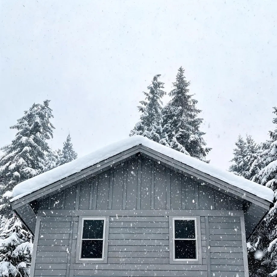 The upper gable of a gray wood-sided house with two dark windows and a snow-covered roof, with snow-laden conifers behind it and snow falling against a pale sky.