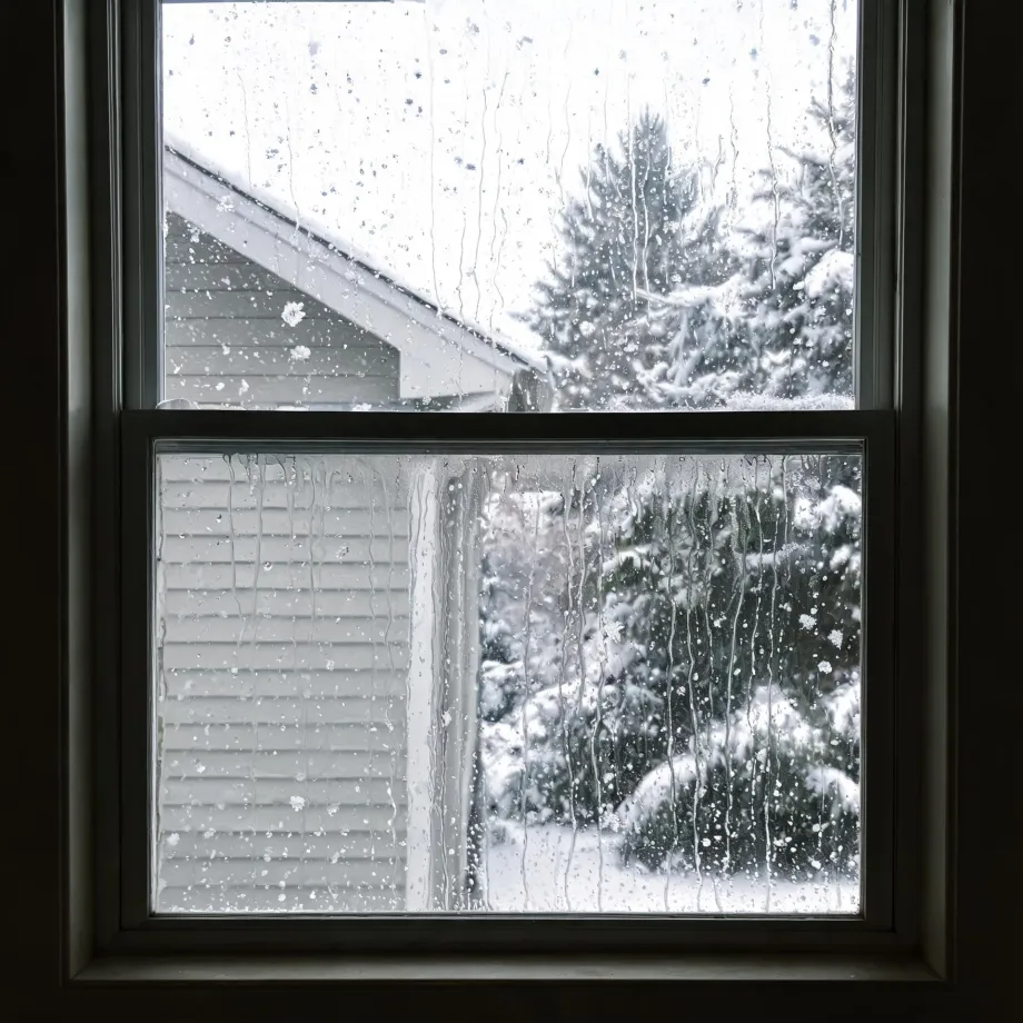 View through a wet, condensation-streaked double-hung window of a snow-covered evergreen tree and the gabled roof and horizontal siding of an adjacent building.