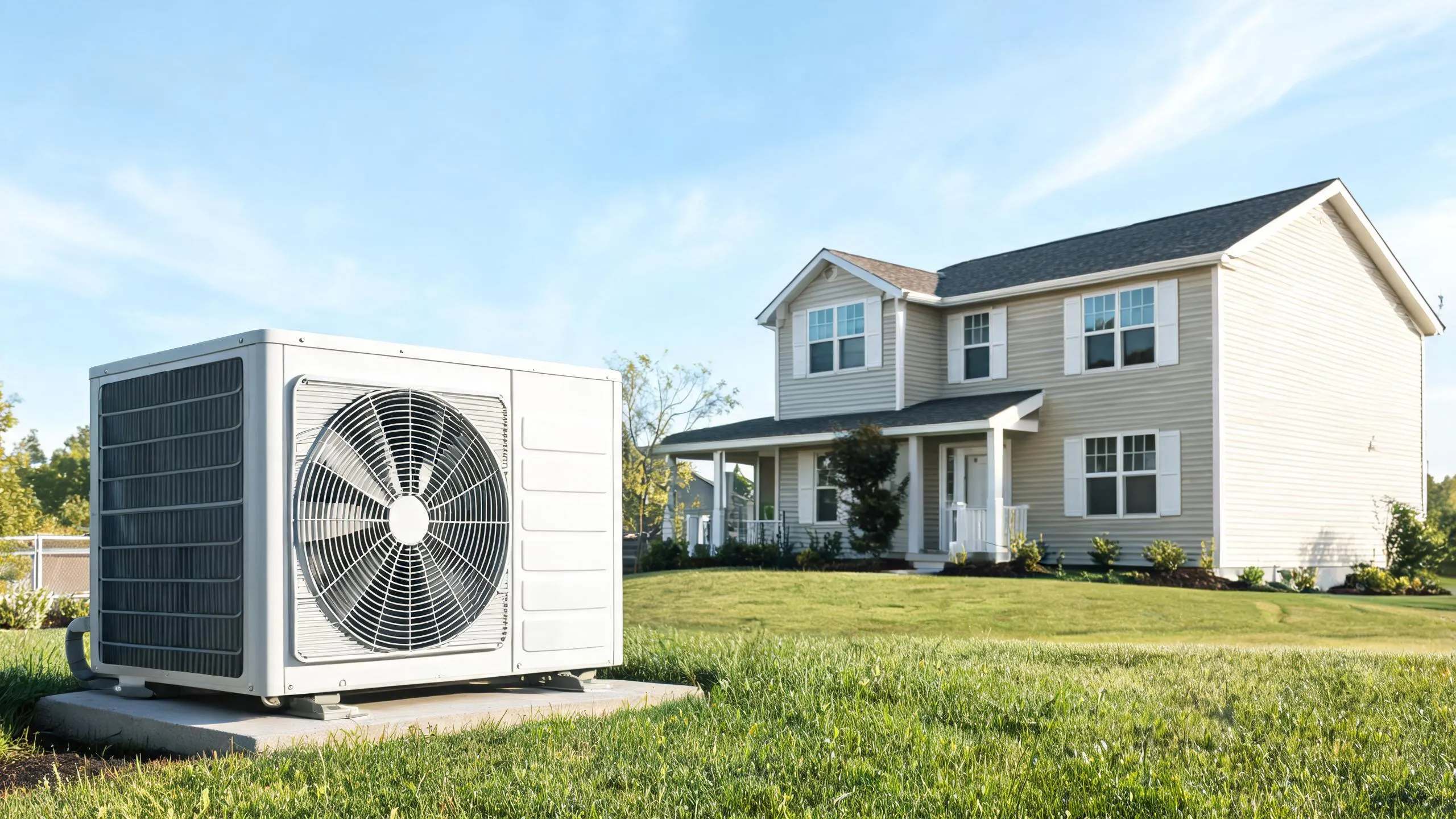 An outdoor heat pump unit mounted on a concrete pad in front of a two-story suburban house.