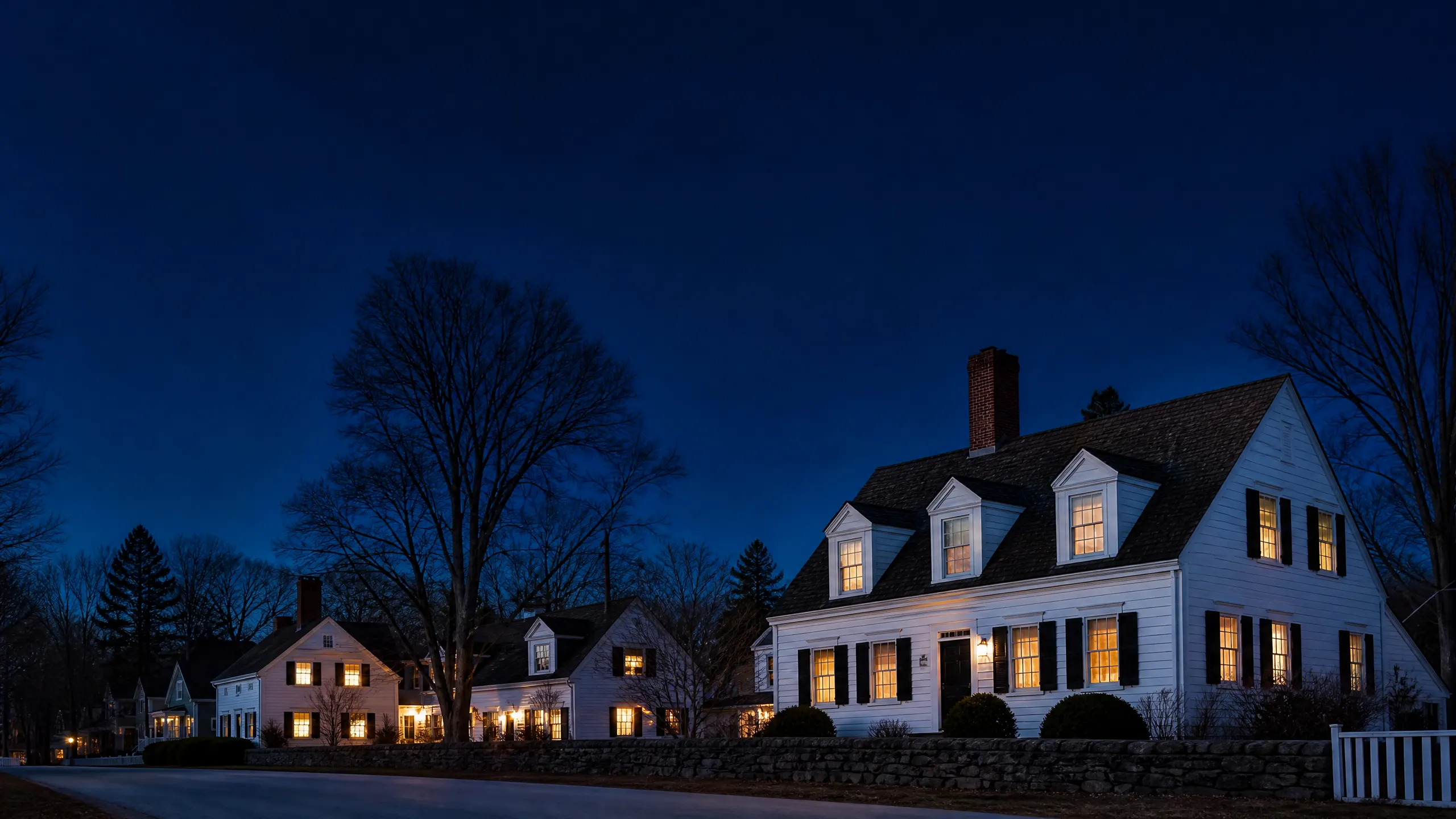 A row of illuminated white colonial houses photographed at twilight along a tree-lined road with a stone wall in the foreground.