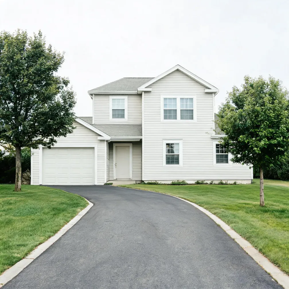 A two-story house with light horizontal siding and a single-car attached garage, with an asphalt driveway curving toward the viewer across a mowed lawn flanked by deciduous trees under an overcast sky.