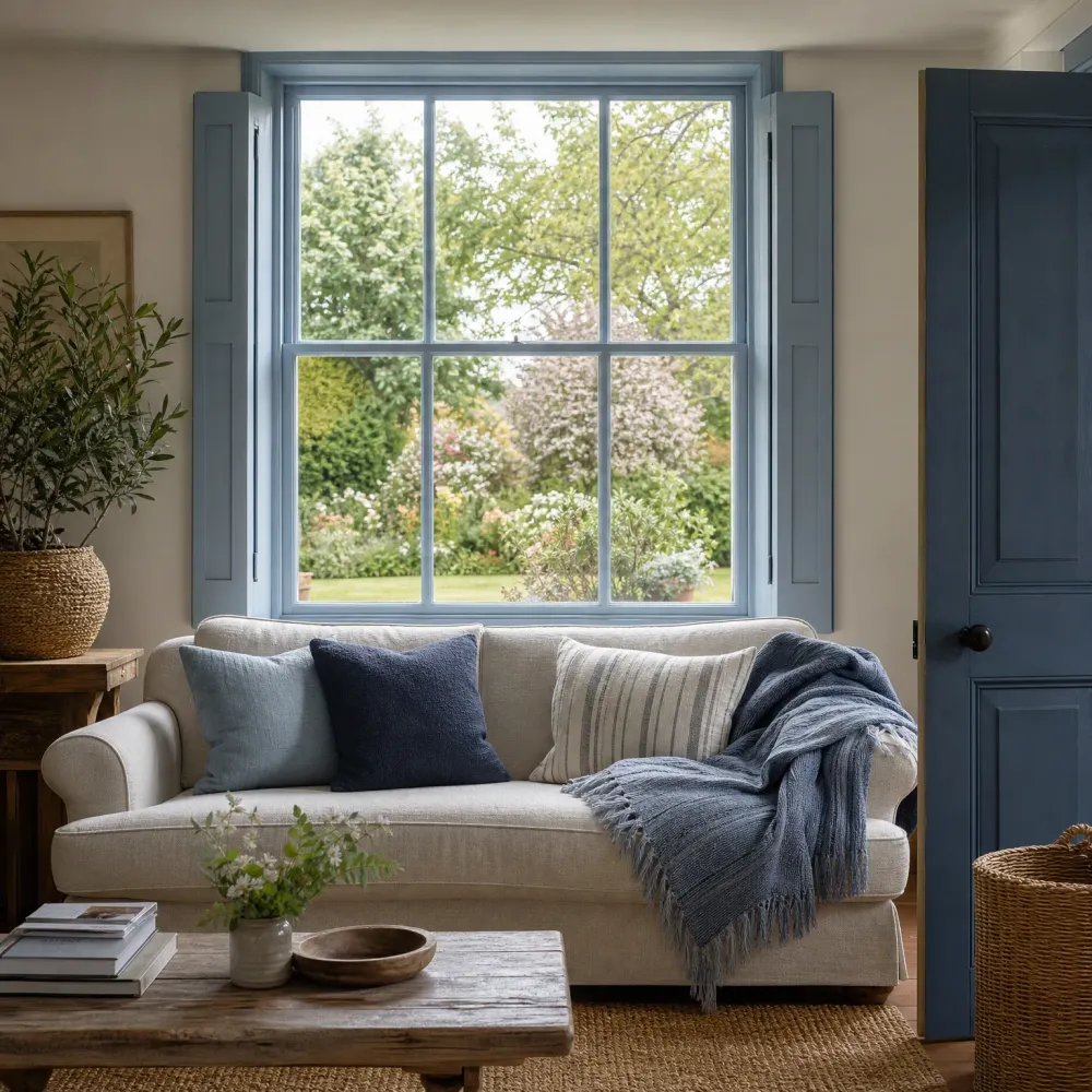 A cream sofa with blue and striped cushions and a blue knit throw sits beneath a multi-pane window with pale blue interior shutters overlooking a garden, with a rustic wood coffee table, potted plant, and dark blue panelled door nearby.