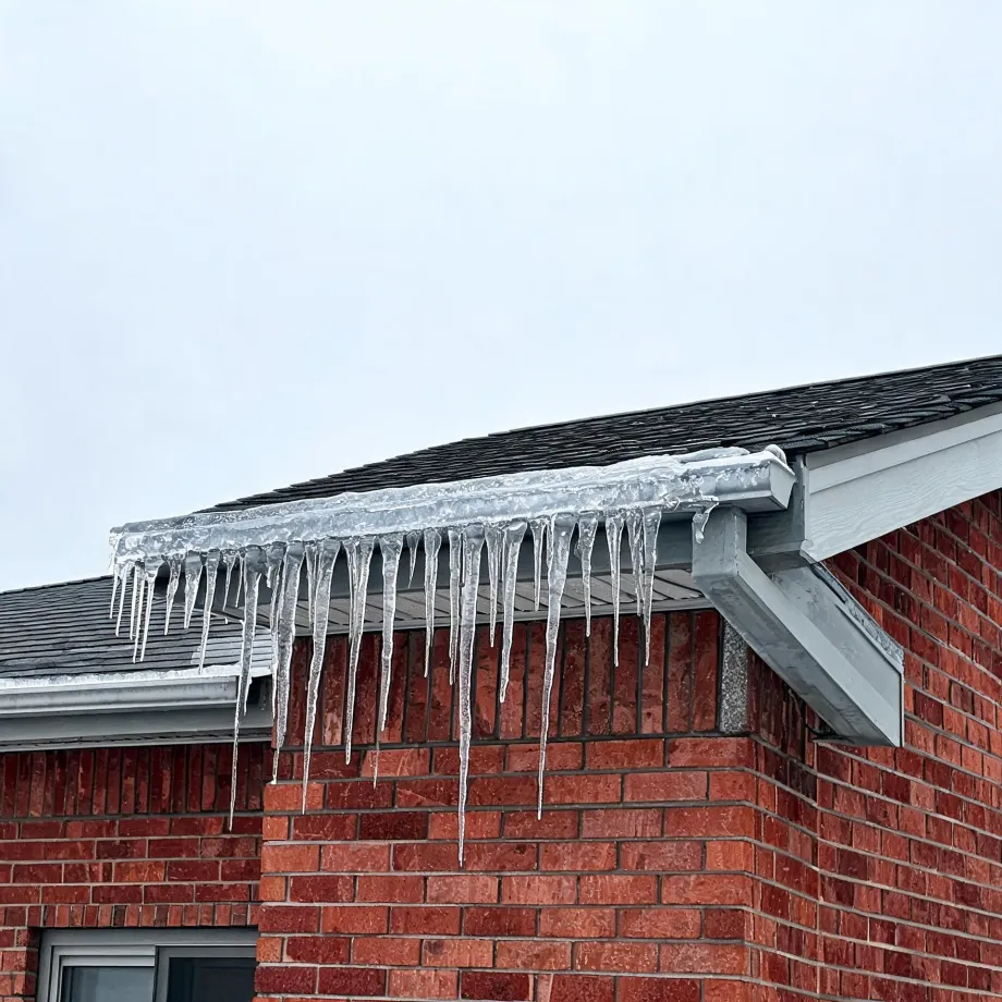 A row of icicles hanging from an ice-covered gutter along the shingled roof edge of a red brick house against an overcast sky.