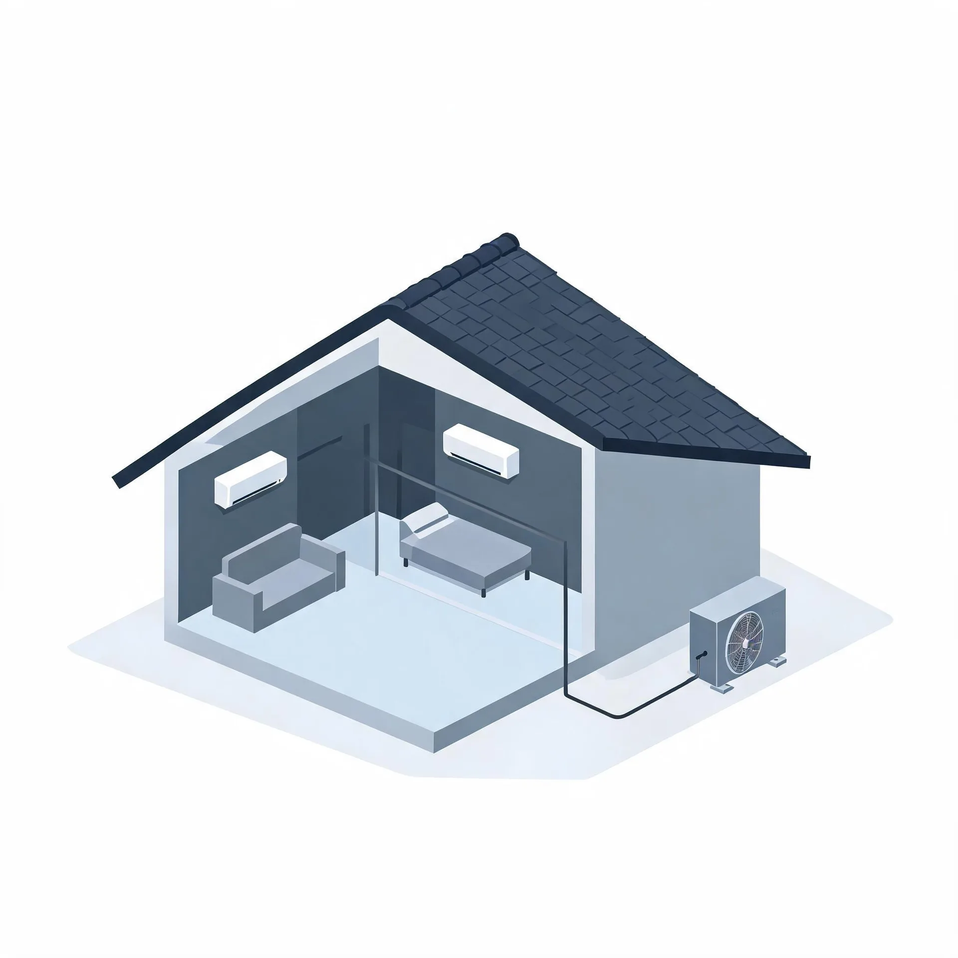 Isometric illustration of a cutaway house showing two wall-mounted indoor air conditioning units connected by a line to an outdoor condenser unit beside the building, with a sofa and bed inside.