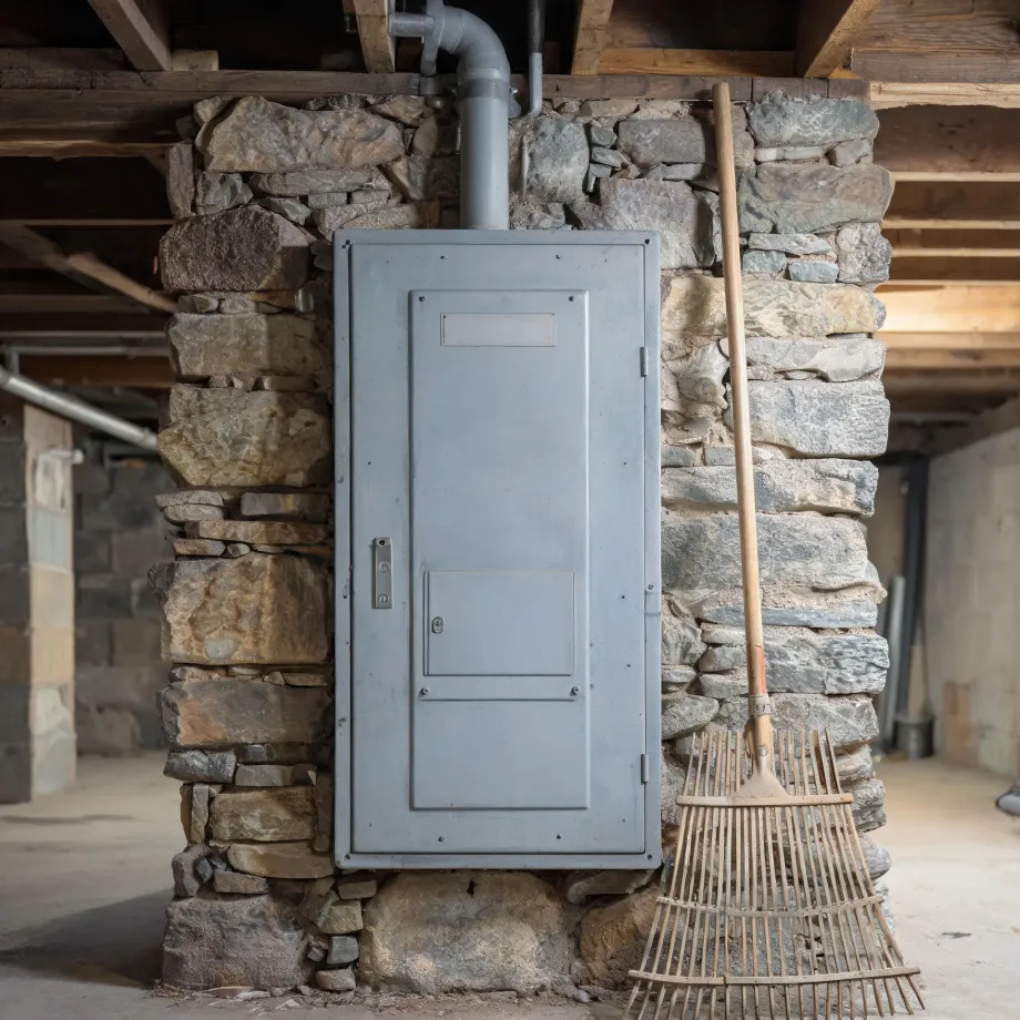 A gray metal electrical panel mounted on a dry-stacked stone wall in a basement with wooden floor joists overhead, with a wooden-handled rake leaning against the wall to the right.