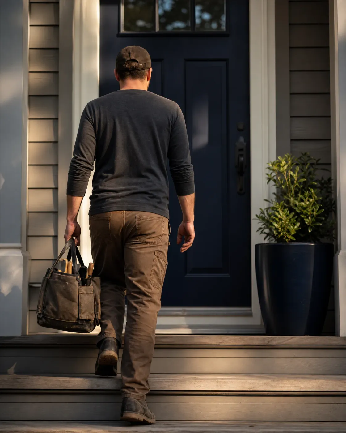A man in a cap, dark long-sleeve shirt and brown pants carries a canvas tool bag up wooden porch steps toward a navy front door beside a potted shrub.