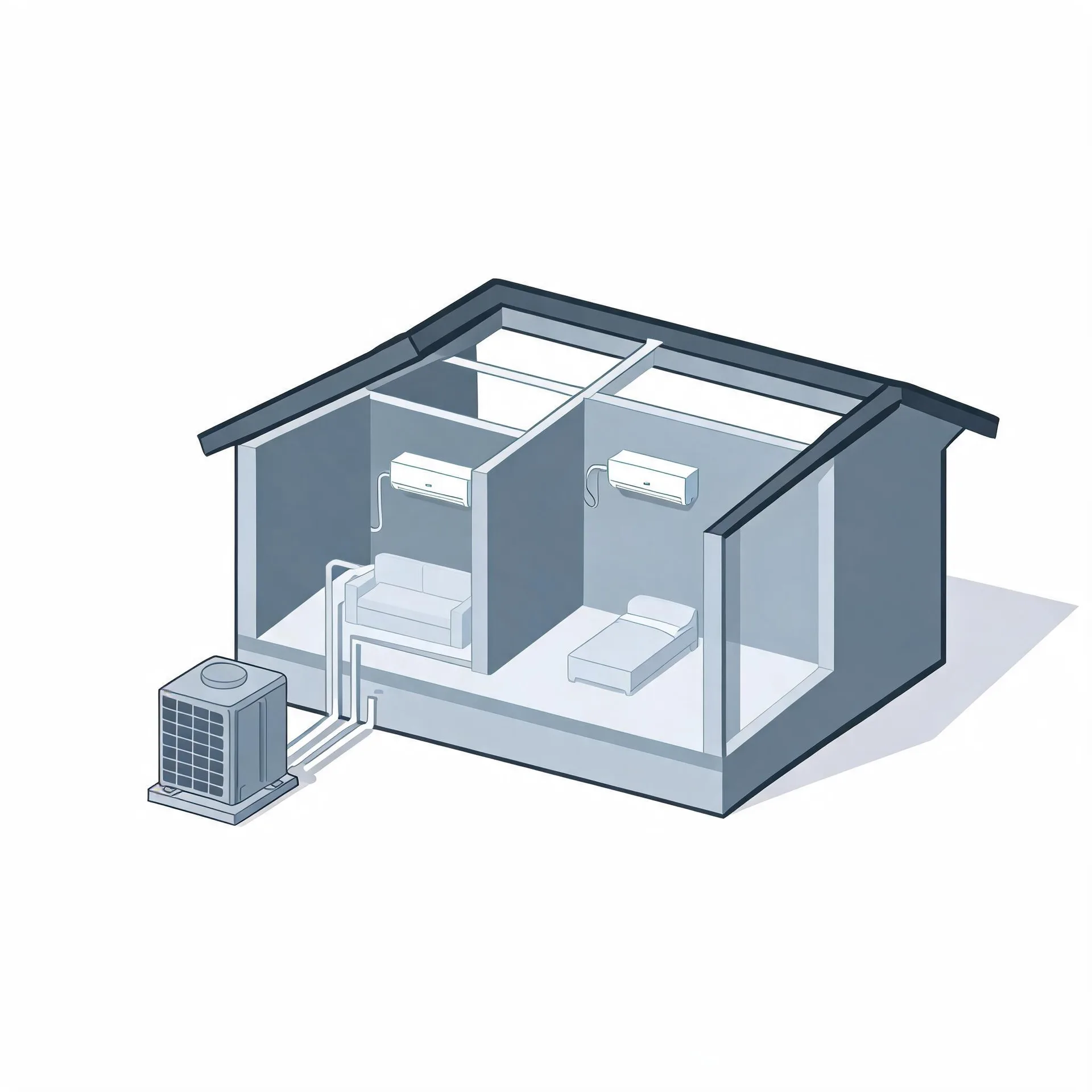 Illustrated cutaway of a two-room house showing two wall-mounted indoor air conditioning units connected by pipes to an outdoor condenser unit on the ground outside.