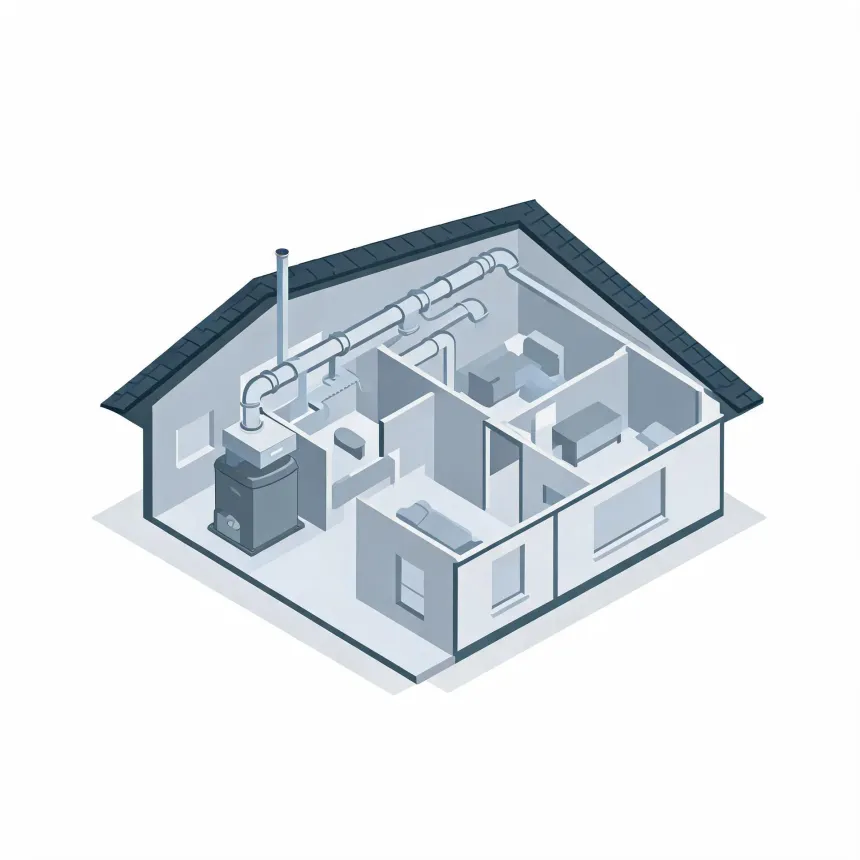 An unfinished basement featuring concrete block walls, exposed floor joists, a bare concrete floor, and a forced-air furnace with a large metal exhaust duct in the corner.