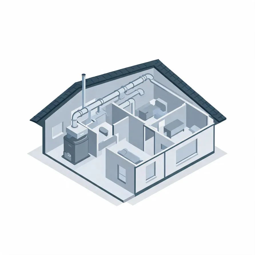 Isometric cutaway illustration of a single-story house showing interior rooms, ductwork running along the ceiling, a flue pipe through the roof, and a dark furnace unit in one corner.