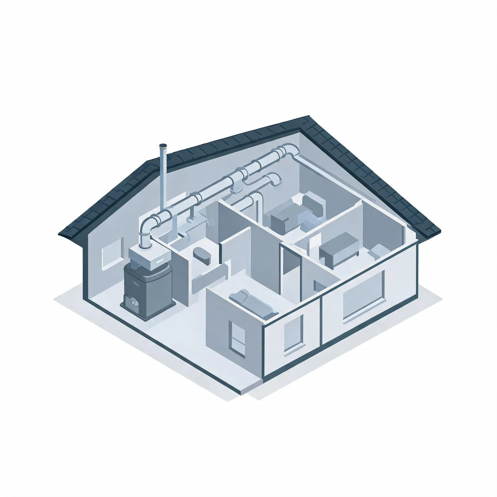 Isometric cutaway illustration of a single-story house showing interior rooms, ductwork running along the ceiling, a flue pipe through the roof, and a dark furnace unit in one corner.