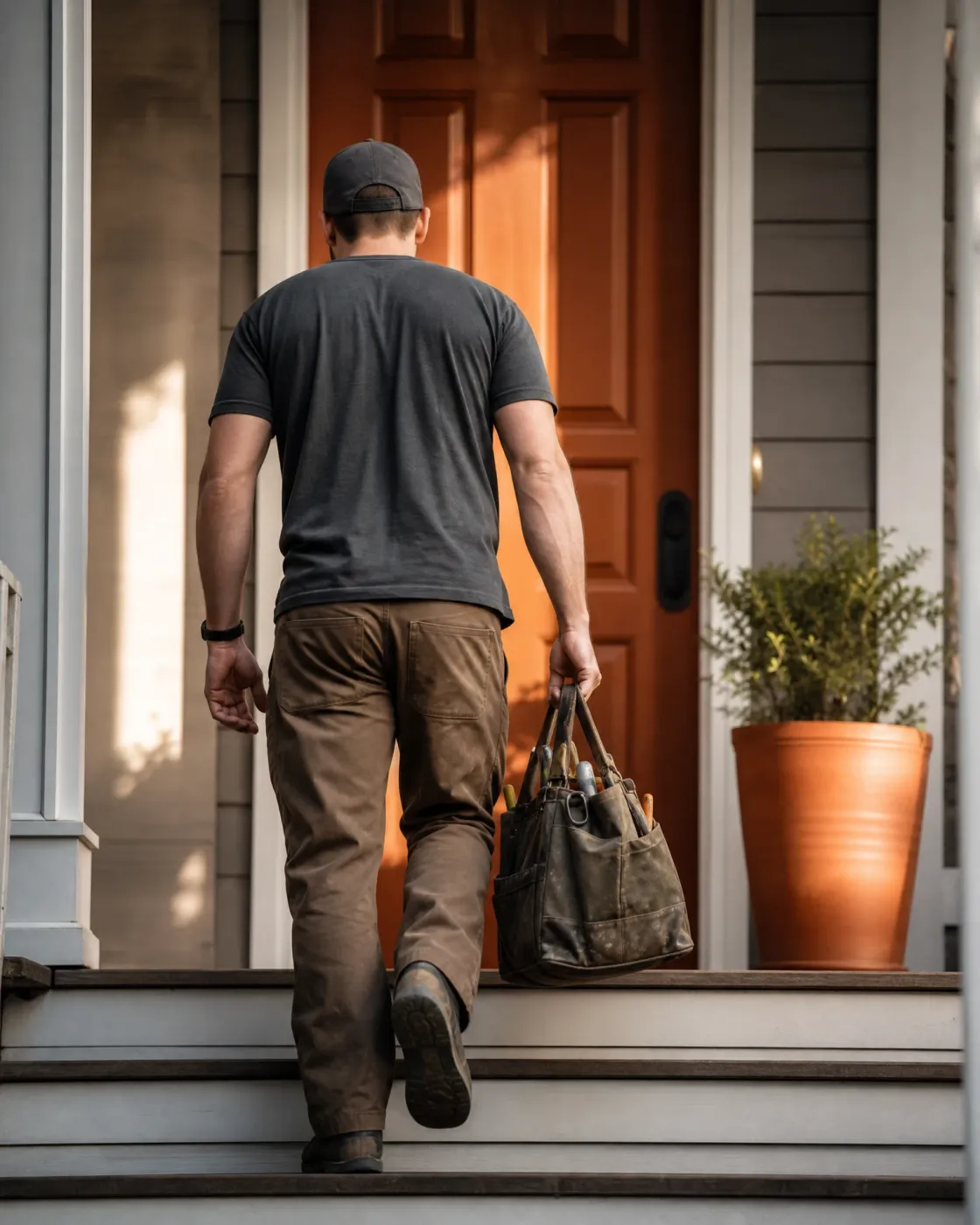 A man in a dark cap, gray T-shirt and brown work pants climbs porch steps toward an orange front door, carrying a worn canvas tool bag, with a potted shrub beside the entry.