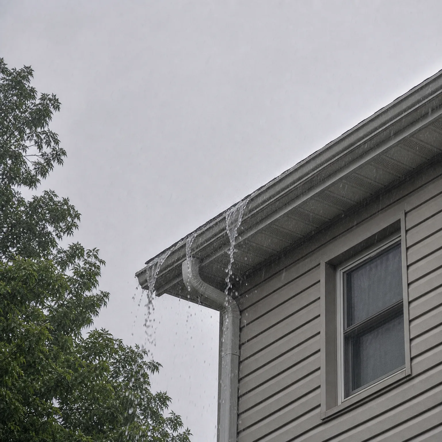 Corner of a house with gray horizontal siding, a window, and a roof gutter overflowing with water streaming down into a downspout under an overcast sky, with a leafy tree at left.