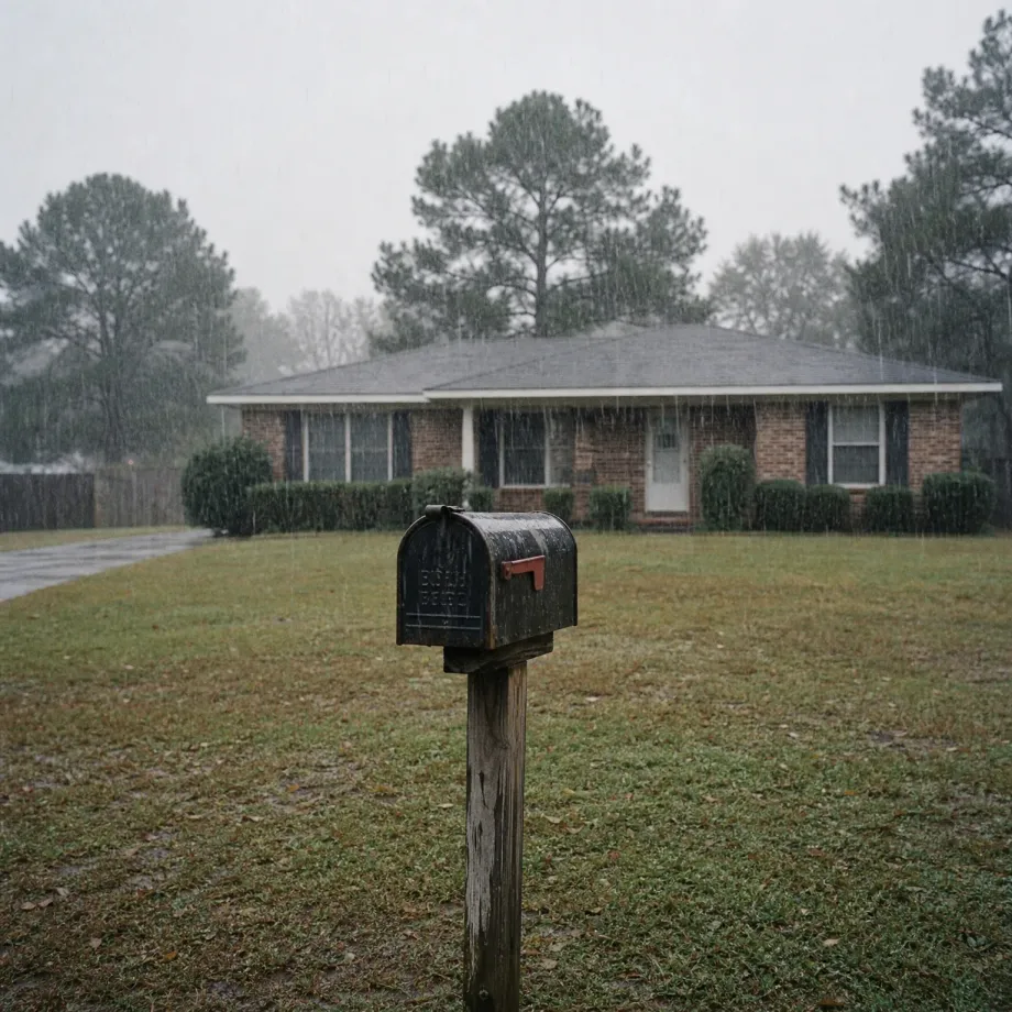 A weathered metal mailbox on a wooden post stands on a grassy lawn during heavy rain, with a single-story brick house and tall pine trees behind it under an overcast sky.
