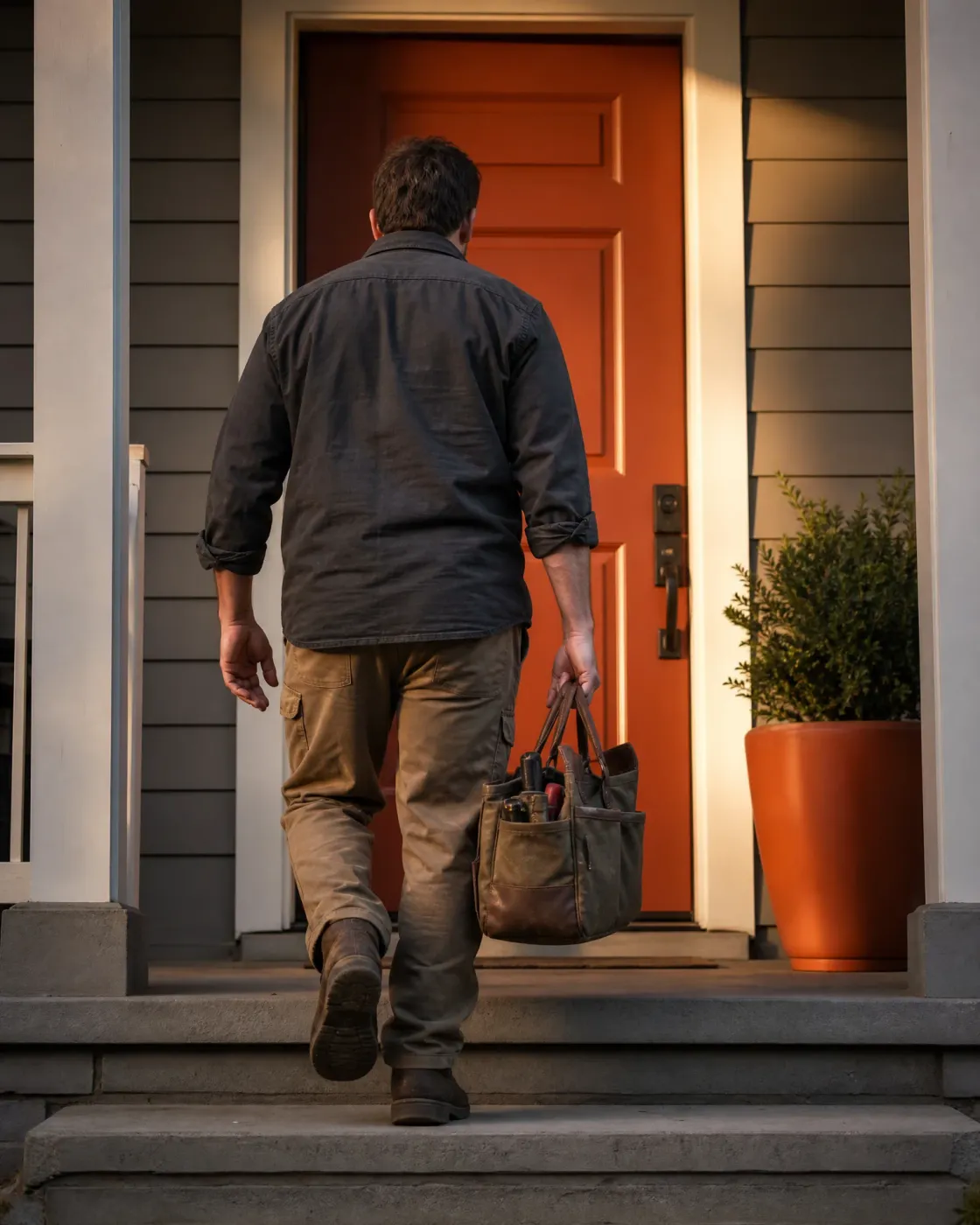 A man in a dark shirt and tan work pants, seen from behind, carries a canvas tool bag up concrete steps toward an orange front door flanked by gray siding and a potted shrub.