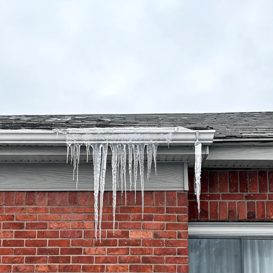 Icicles hanging from a metal gutter along the edge of a shingled roof above gray siding and a red brick wall, under an overcast sky.