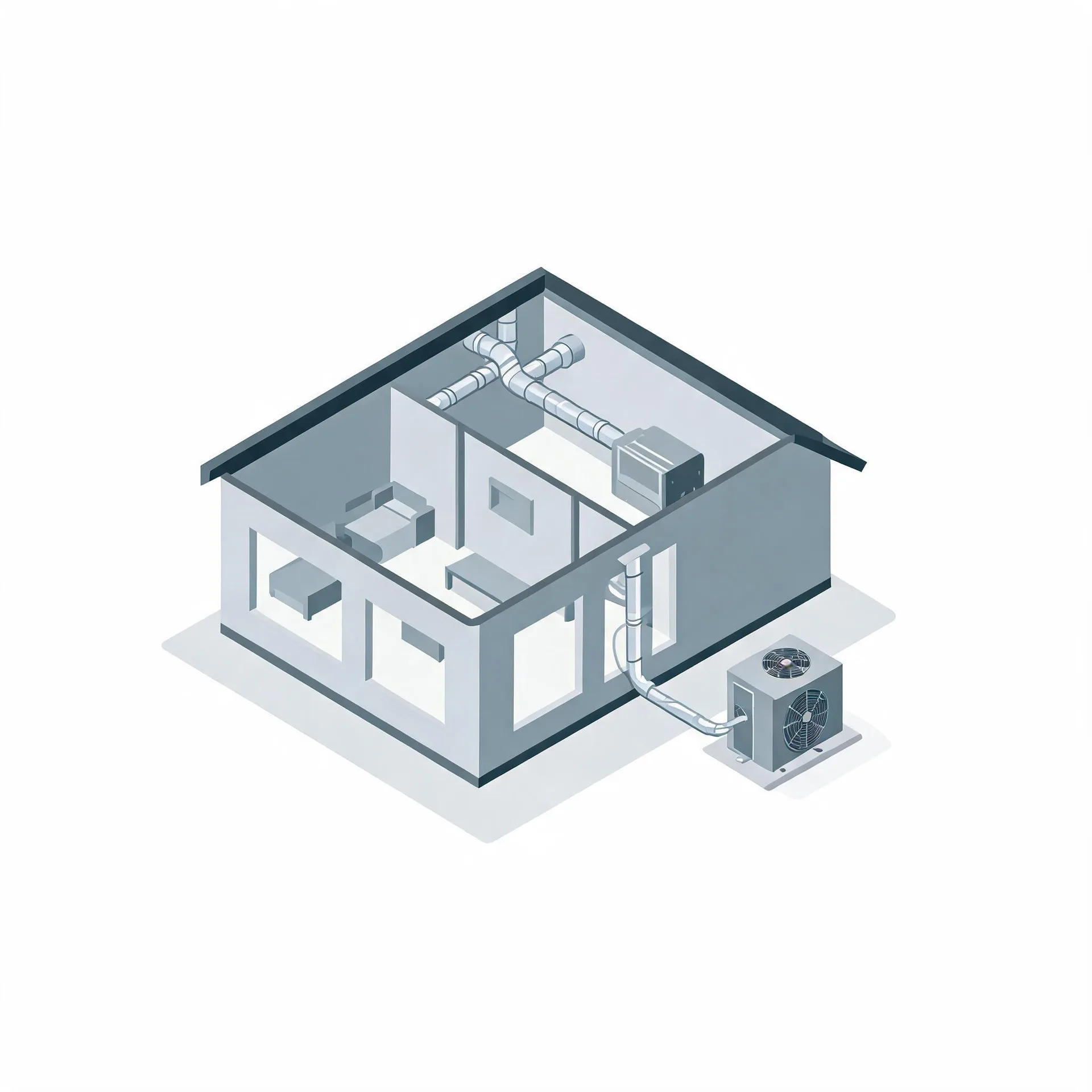 Isometric illustration of a cutaway house showing interior rooms, ceiling ductwork and an air handler, connected by lines to an outdoor condenser unit on a pad beside the building.