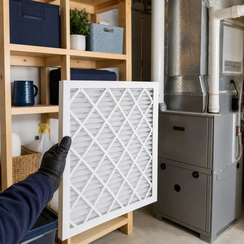 A gloved hand holds a white pleated air filter in front of wooden storage shelves and a furnace with metal ductwork.