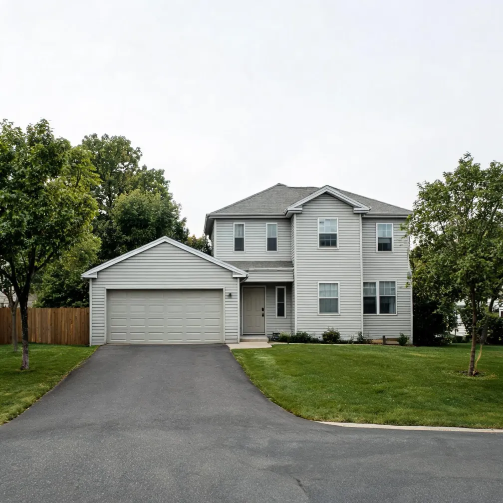 A two-story light gray vinyl-sided house with an attached two-car garage, asphalt driveway, mown lawn, deciduous trees and a wooden fence under an overcast sky.