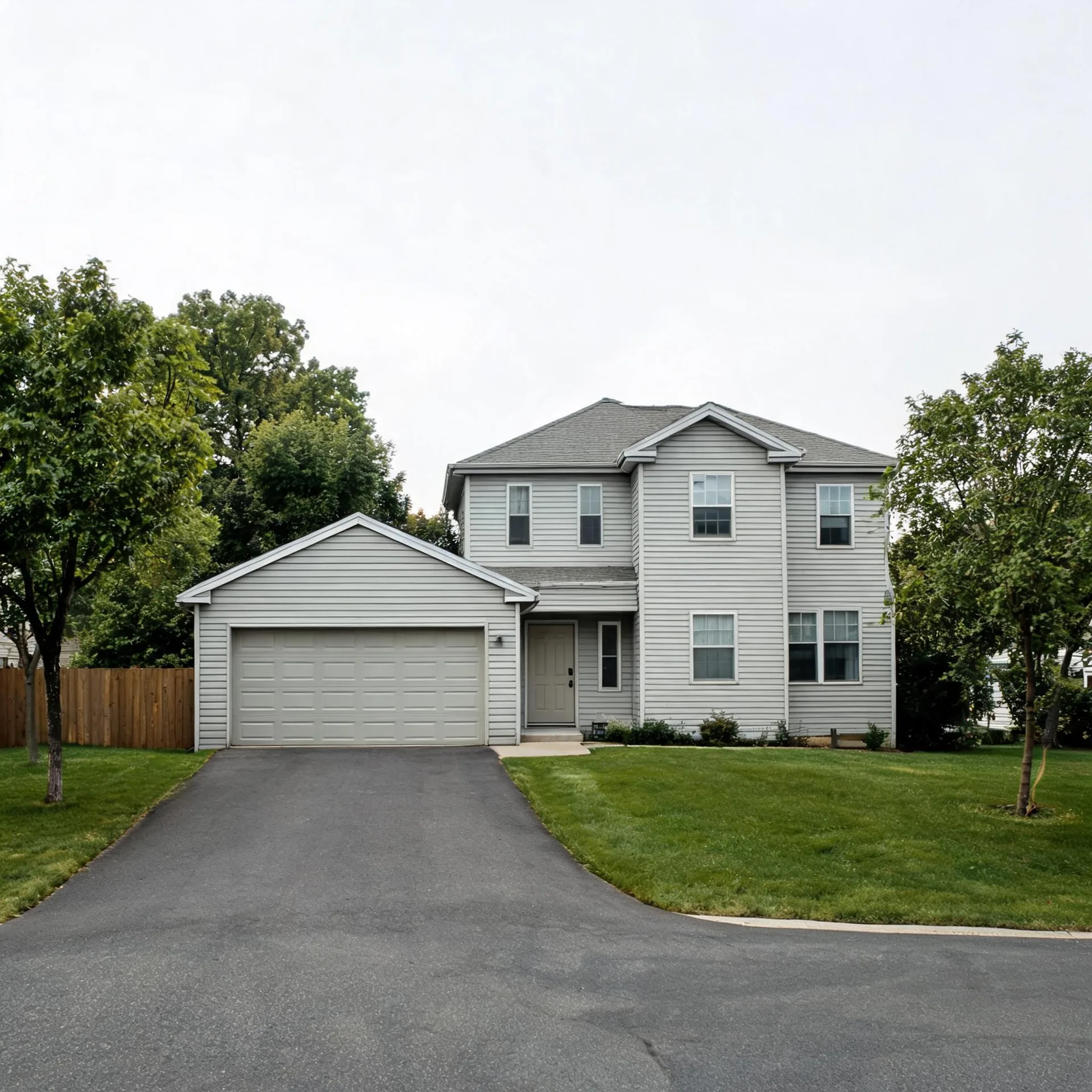 A two-story light gray vinyl-sided house with an attached two-car garage, asphalt driveway, mown lawn, deciduous trees and a wooden fence under an overcast sky.