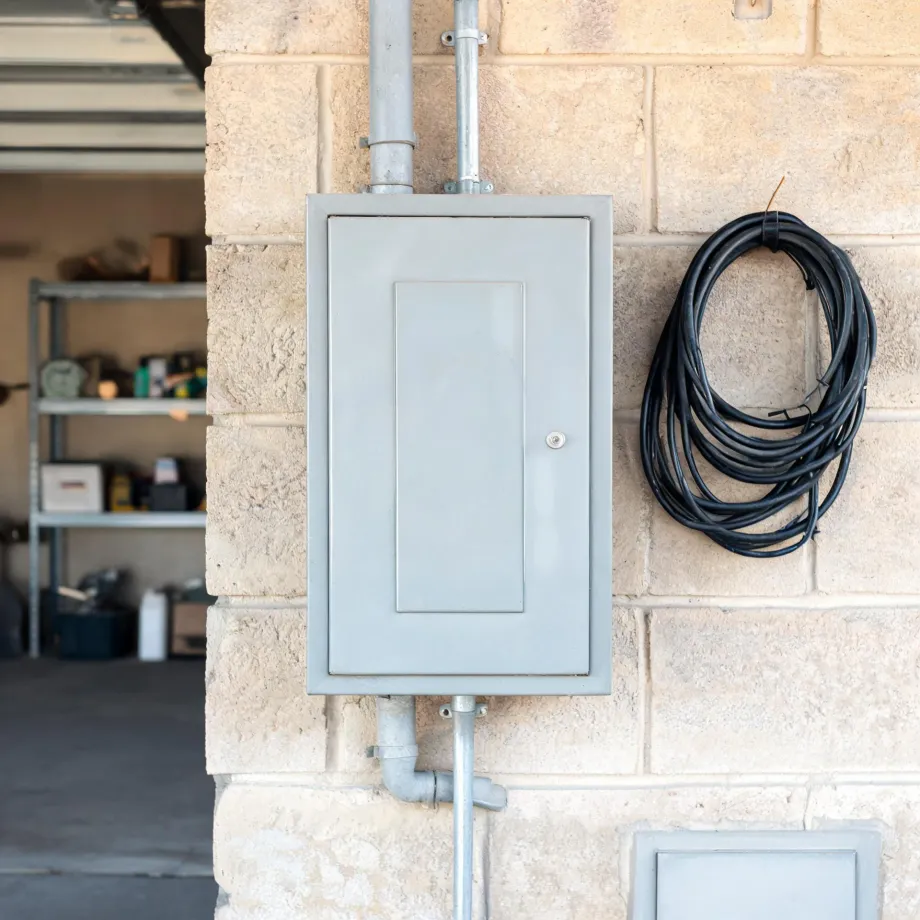 A gray electrical panel box mounted on a light-colored stone block wall with metal conduit running above and below it, a coiled black cable hanging to the right, and an open garage with shelving visible at left.