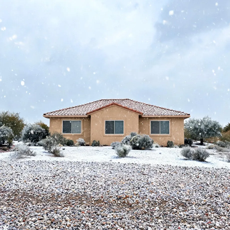 A single-story tan stucco house with a red tile roof during falling snow, with light snow covering desert shrubs and a gravel yard in the foreground.