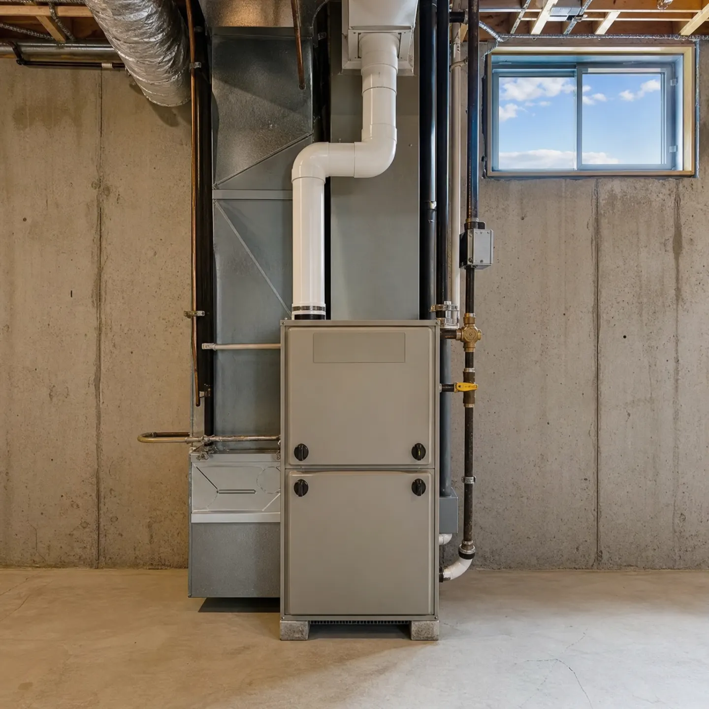 A gray gas furnace with attached ductwork and piping installed in an unfinished concrete basement.