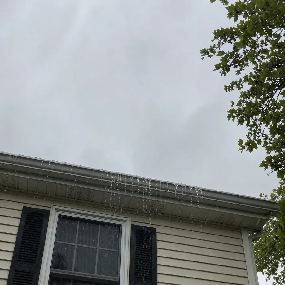 Upward view of a house's roofline with water overflowing from the gutter in streams, beige vinyl siding, a window with dark shutters below, overcast sky and green tree branches at upper right.