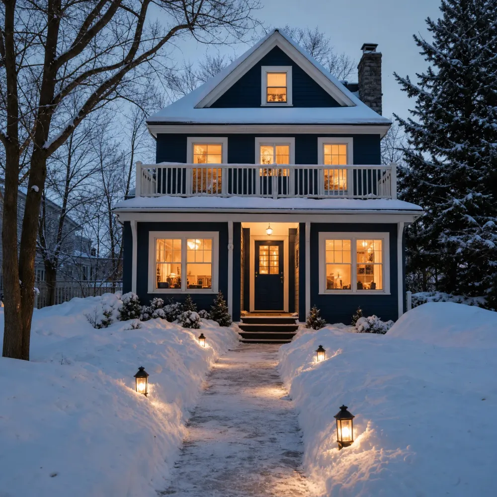 A two-story dark blue house with white trim, lit windows, a balcony and a stone chimney at dusk, with a shoveled path through deep snow lined by small lanterns, bare trees at left and a snow-covered evergreen at right.