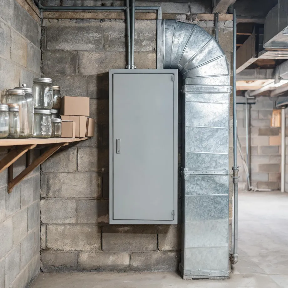 A gray metal electrical panel cabinet mounted on a concrete block basement wall beside galvanized sheet metal ductwork and vertical pipes, with glass jars and cardboard boxes on a wooden wall shelf at left.