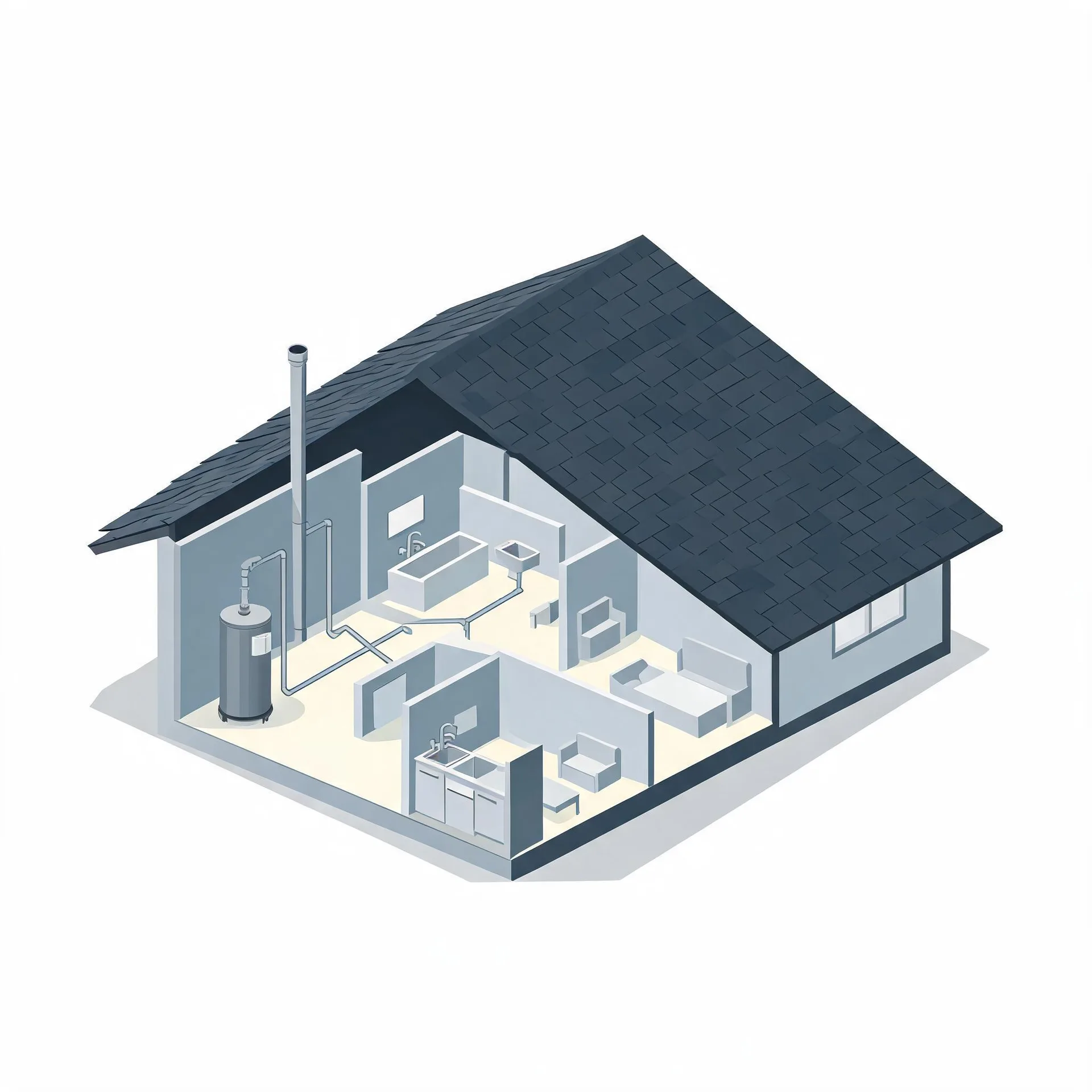 Isometric cutaway illustration of a single-story house with a dark shingled roof, showing interior rooms with a bathroom, kitchen sink, bed, and a cylindrical water heater connected to piping and a tall flue.