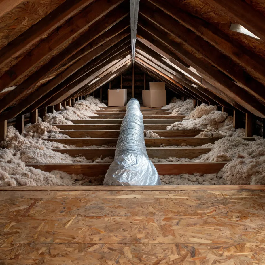 Interior of an unfinished attic with wooden rafters, loose fiberglass insulation between ceiling joists, a flexible insulated duct running down the center, two cardboard boxes at the far end, and an OSB floor deck in the foreground.