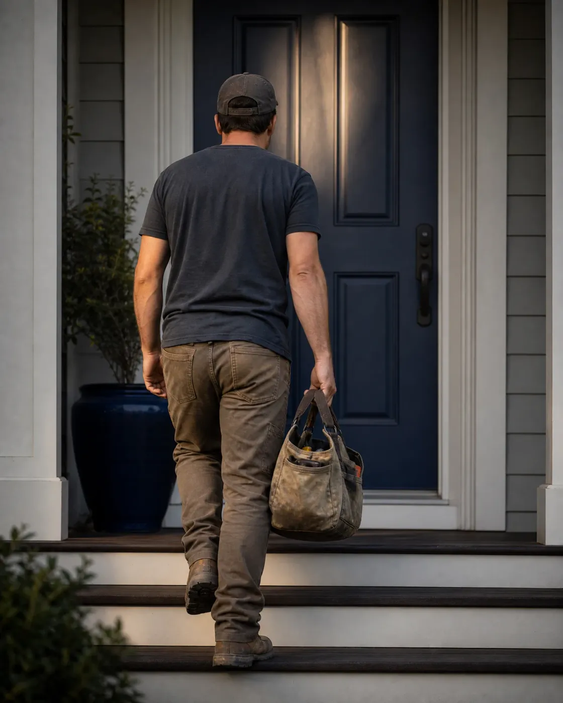 A man in a cap, dark T-shirt and brown work pants walks up porch steps toward a navy front door, carrying a canvas tool bag.