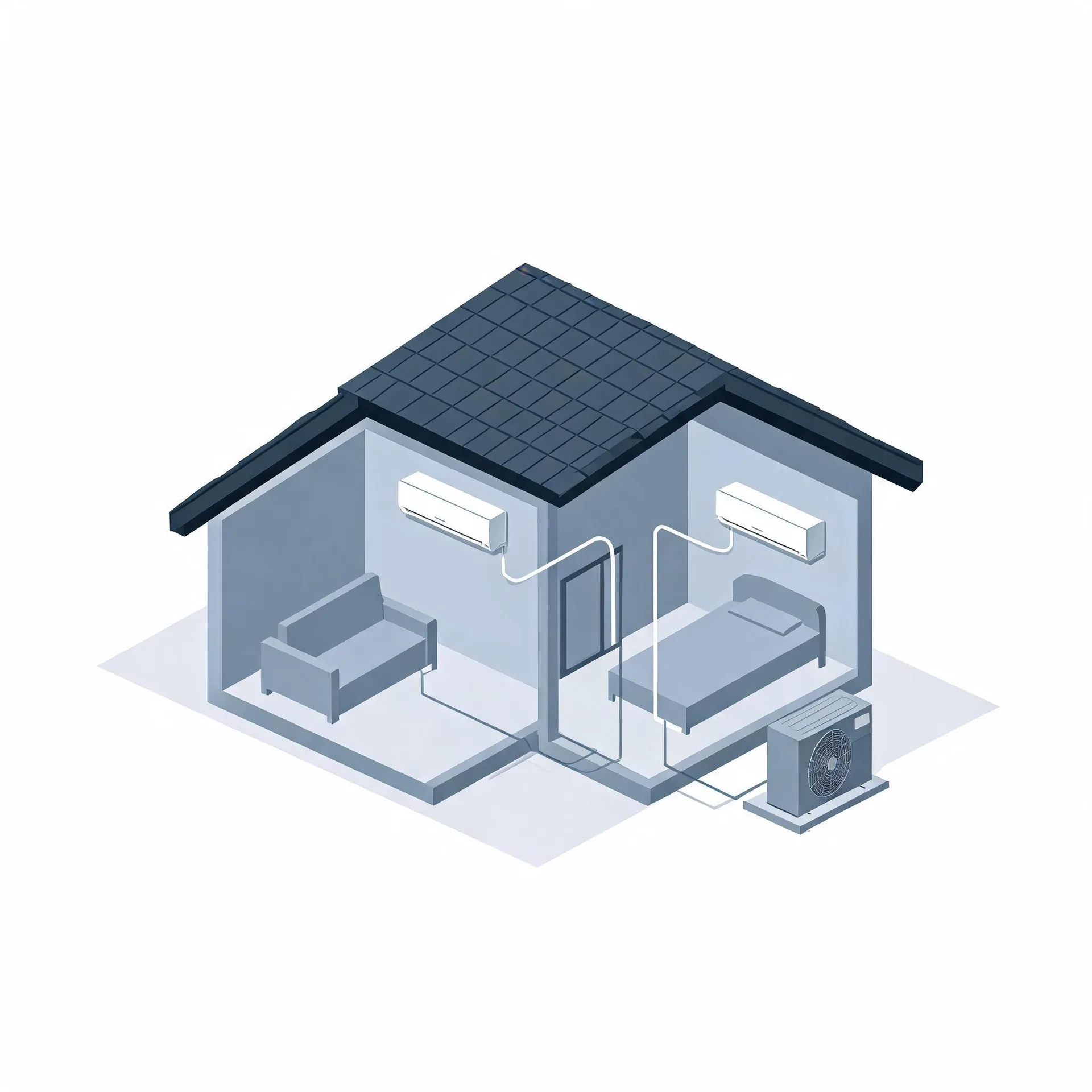 Isometric illustration of a cutaway house with two rooms, showing two wall-mounted indoor air conditioning units connected by lines to a single outdoor condenser unit outside the building.