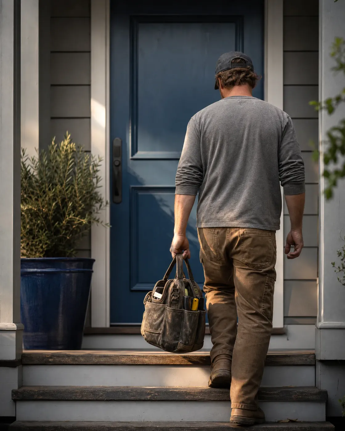 A man in a cap, gray long-sleeve shirt and tan work pants carries a worn canvas tool bag up wooden porch steps toward a blue front door, with a potted shrub to the left.