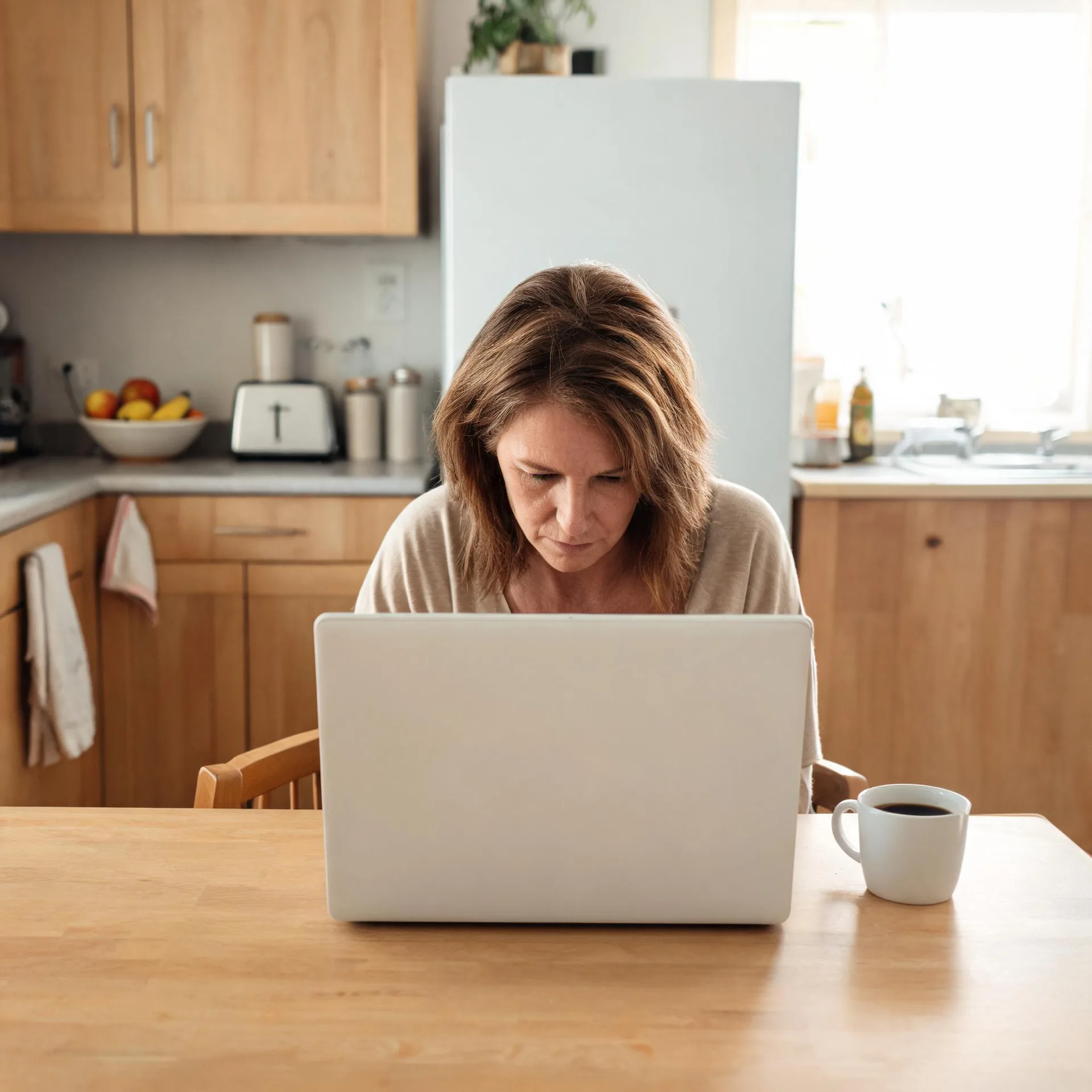 A woman in a beige top sits at a wooden table in a kitchen, looking down at an open white laptop with a mug of coffee beside her.