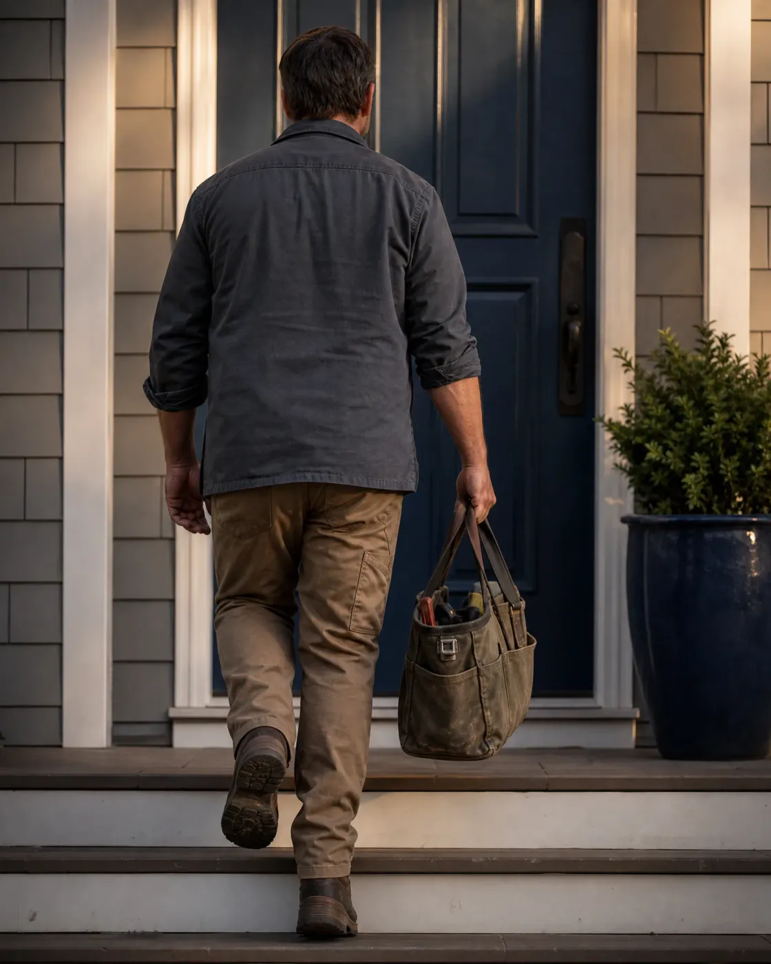 A man in a gray shirt and tan work pants, seen from behind, climbs porch steps toward a dark blue front door while carrying a canvas tool bag, with a potted shrub to the right.